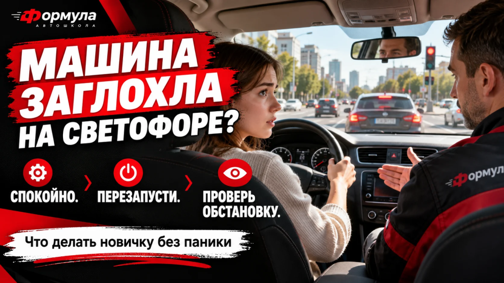 Начинающая водитель с инструктором разбирается, что делать, если машина заглохла на светофоре.