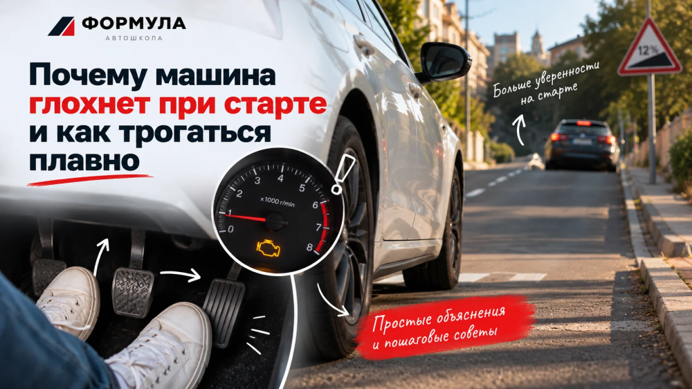 Начинающий водитель отрабатывает плавный старт на автомобиле с механической коробкой.