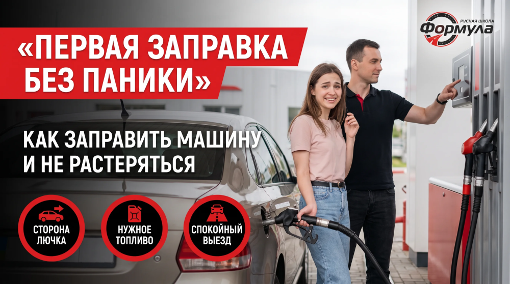 Начинающая водитель впервые заправляет автомобиль на АЗС вместе с инструктором.
