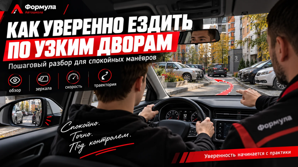 Начинающая водитель проезжает узкий двор в Тюмени вместе с инструктором.