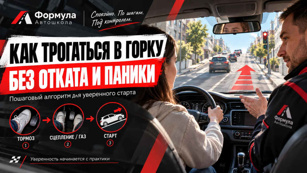 Начинающая водитель отрабатывает старт в горку вместе с инструктором в Тюмени.
