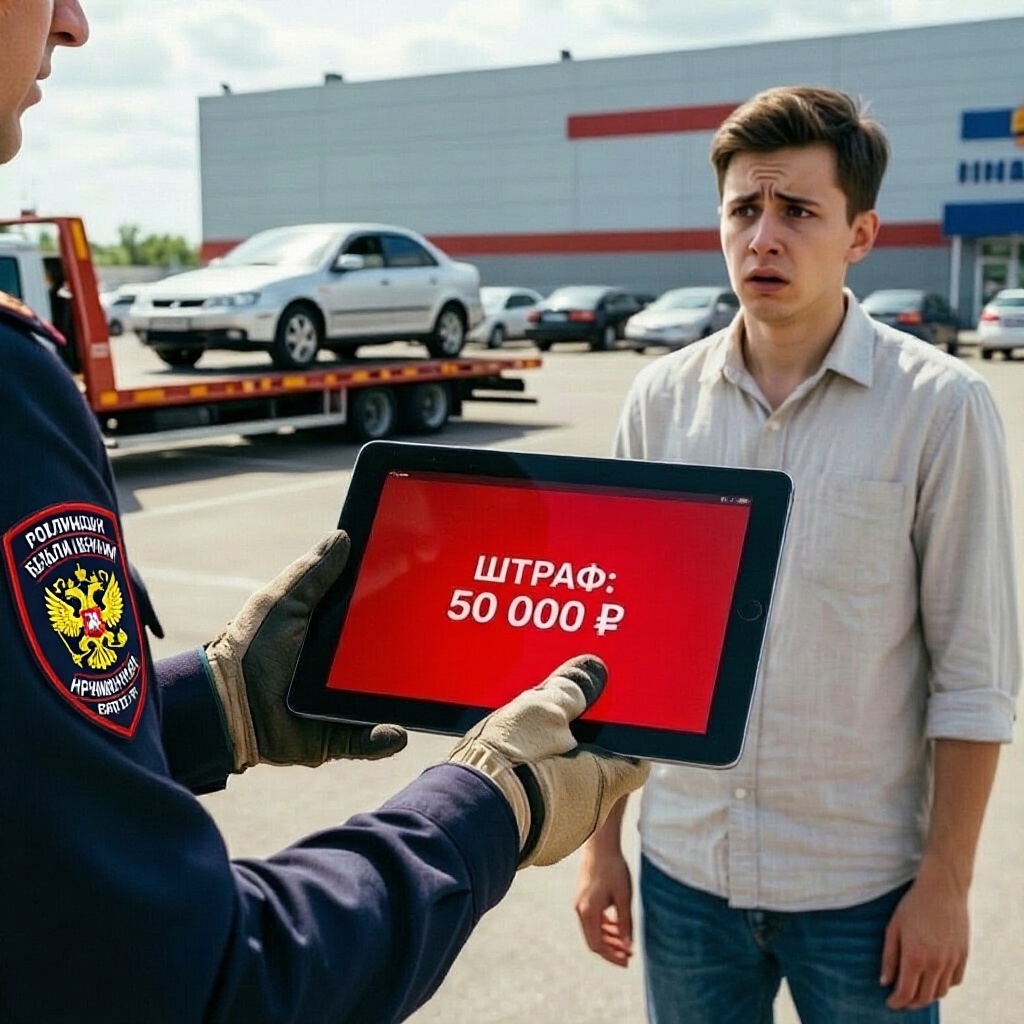 Мужчина передает документы инспектору на фоне эвакуатора последствия езды без ВУ Тюмень