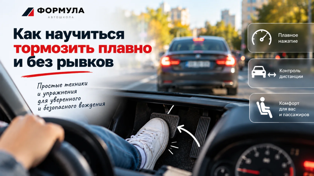 Начинающий водитель держит безопасную дистанцию в городском потоке вместе с инструктором.