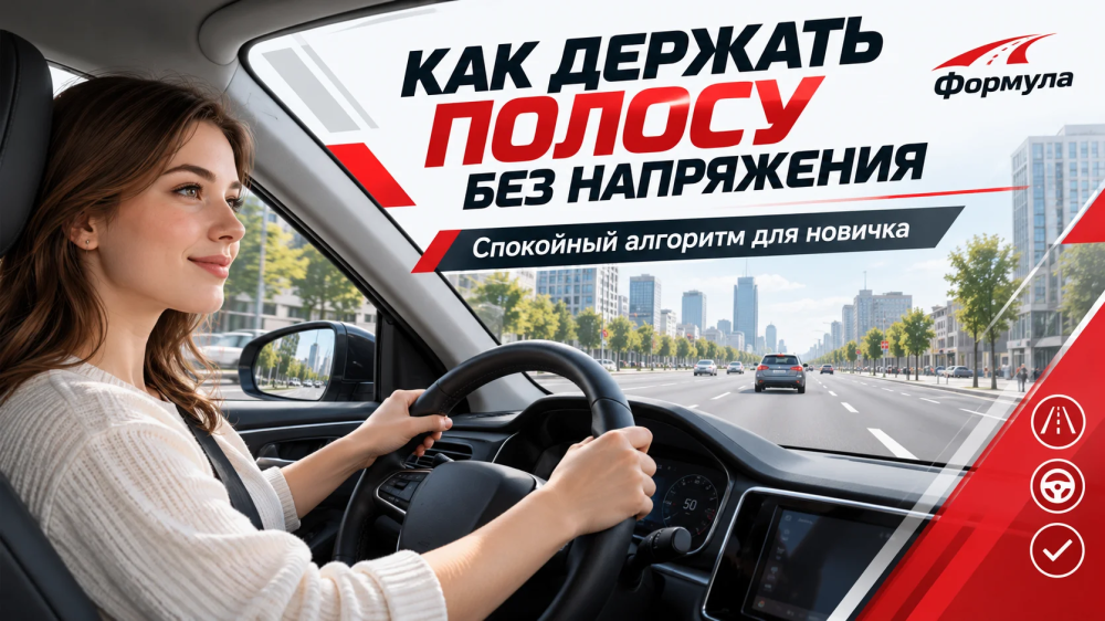 Ученица автошколы держит автомобиль внутри полосы на улице Тюмени.