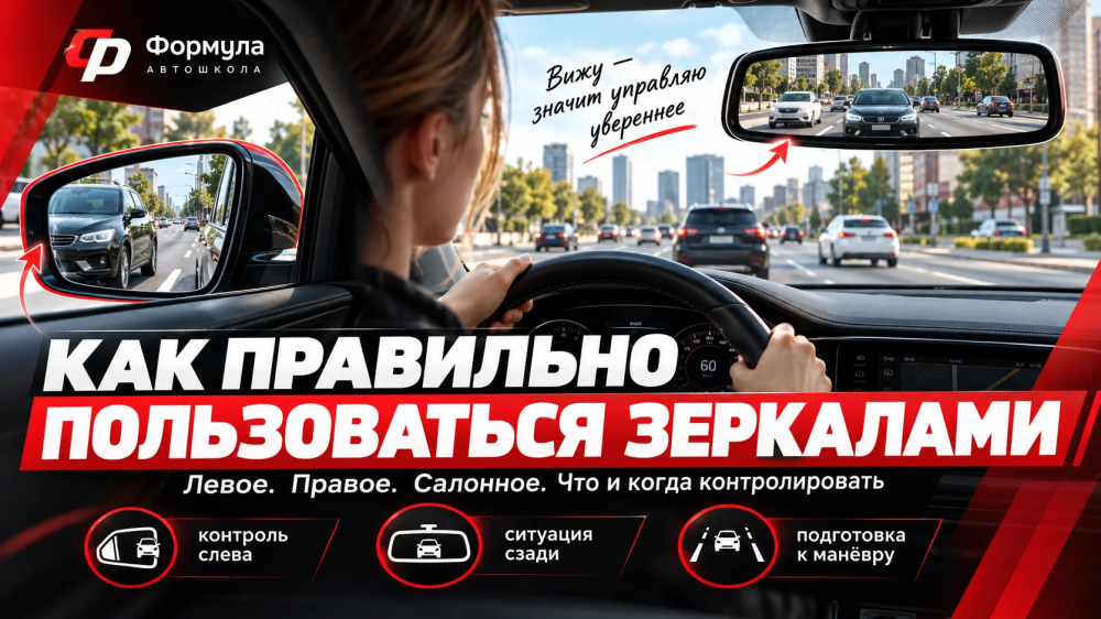 Начинающая водитель проверяет боковое зеркало перед учебным перестроением в Тюмени.