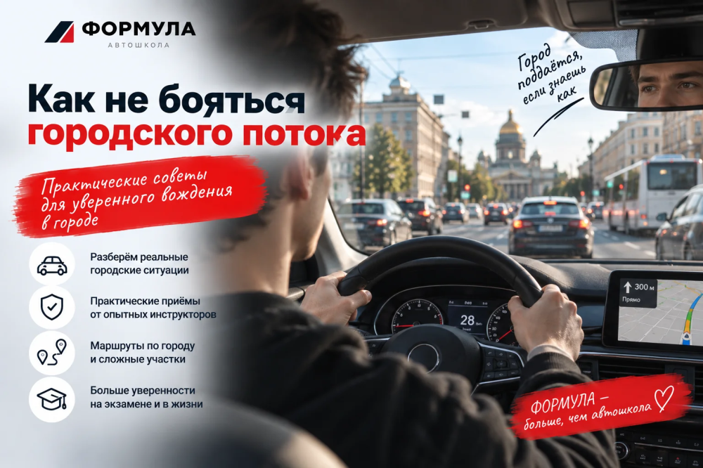 Начинающий водитель учится спокойно ездить в плотном городском потоке с инструктором в Тюмени.